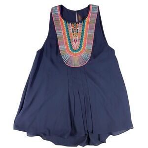 Anthropologie Ranna Gill Atoll Tank‎ Women's XS Blue Embroidered Geometric Boho